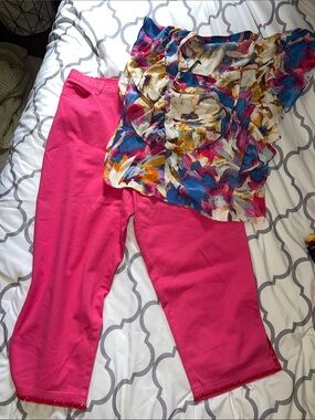 The Quaker Factory Hot Pink Pants with Sequin Trim Top to match